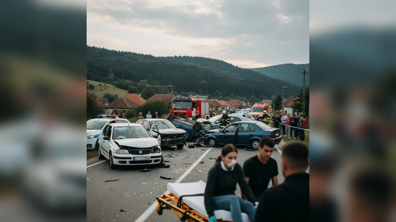 Accident grav cu cinci mașini în Neamț, doi tineri răniți