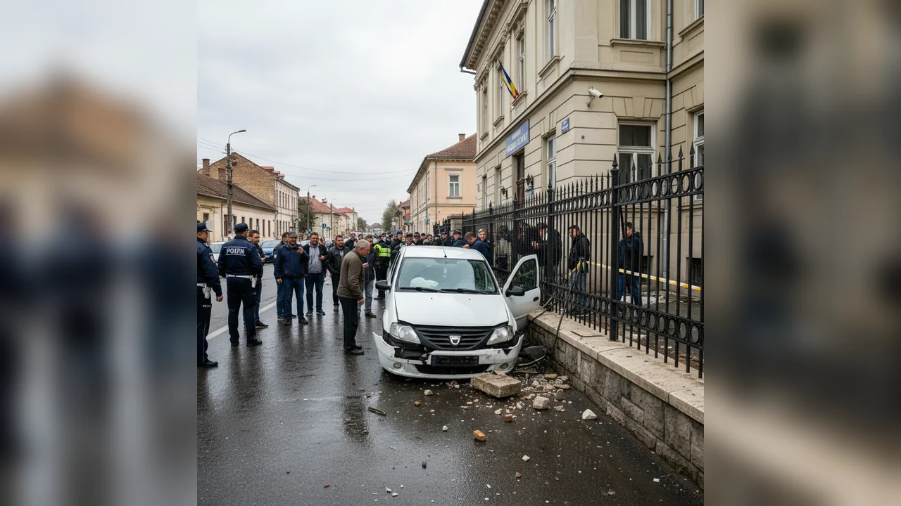 Accident pe străzi și autoturism parcat în gardul primăriei