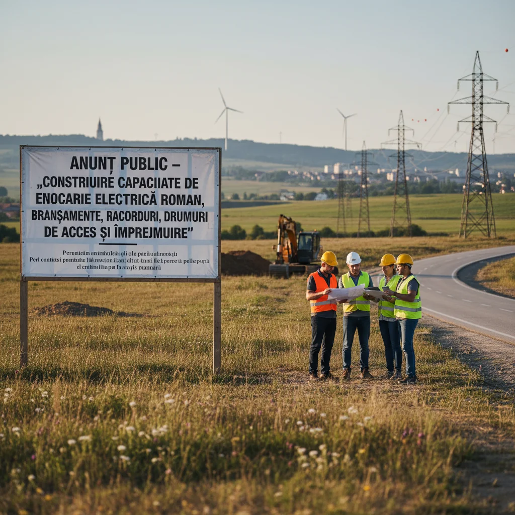 Anunț local privind realizarea unei unități de stocare a energiei electrice la Roman, cu branșamente, racorduri, căi de acces și împrejmuire