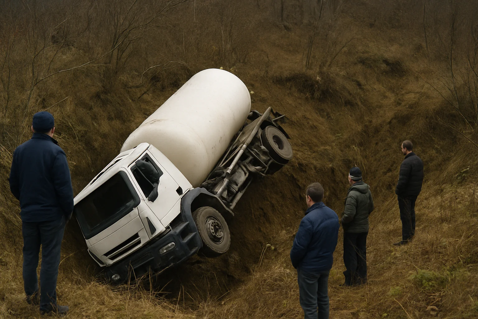 Autocisternă cu propan, căzută într-o râpă pe DN15C lângă Bălțătești
