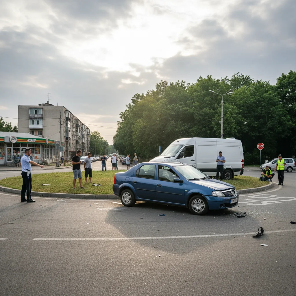 Autoturism ieșit de pe carosabil în sensul giratoriu din Dumbrava Roșie, lângă Piatra Neamț