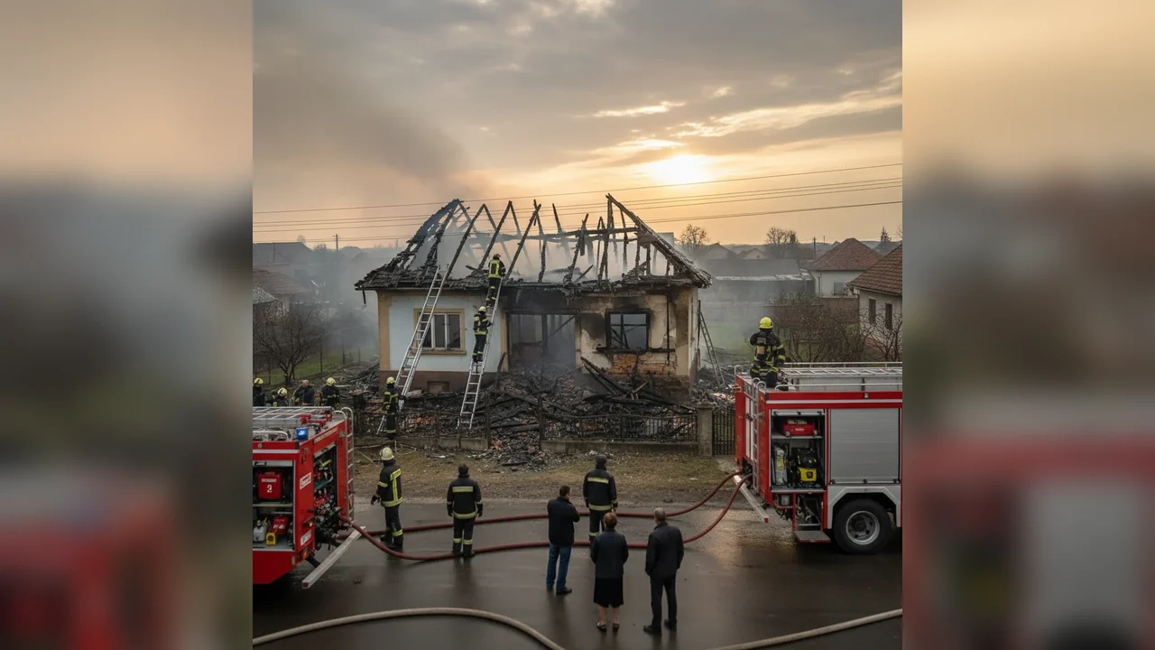 Casă mistuită de un incendiu puternic