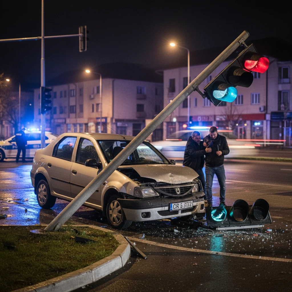 Conducător auto în stare de ebrietate dărâmă un semafor cu mașina și pleacă de la locul accidentului (FOTO)