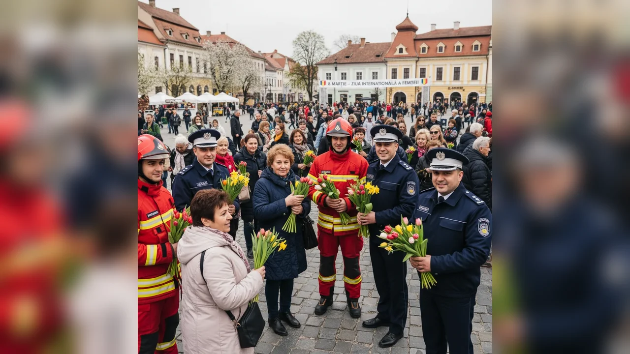 În județul Neamț, femeile au primit flori de 8 Martie din partea poliției, pompierilor și jandarmilor (VIDEO)