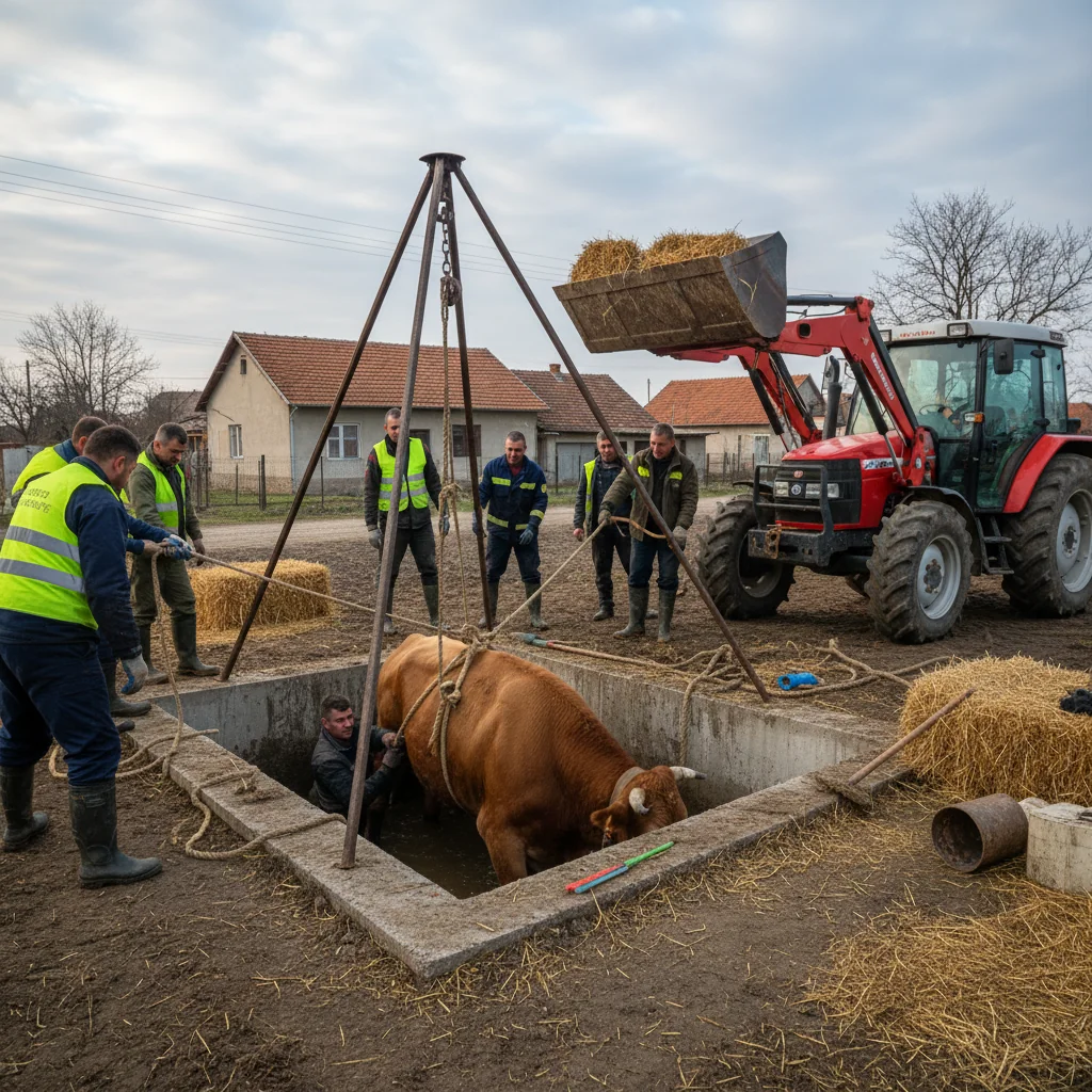 Intervenție la Dumbrava Roșie, lângă Piatra Neamț, pentru salvarea unei bovine căzute într-o fosă