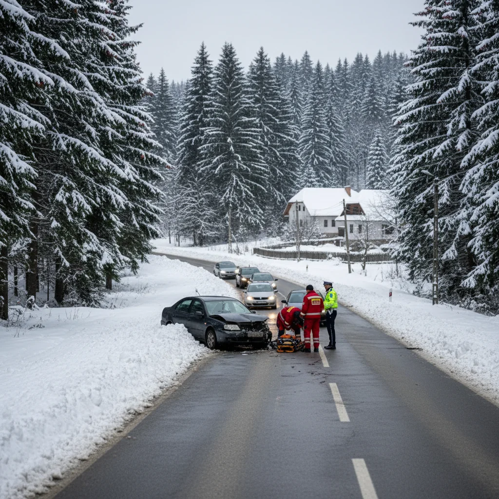 Șoferiță rănită după ce mașina a derapat pe un drum acoperit cu zăpadă, în Agapia, lângă Piatra Neamț