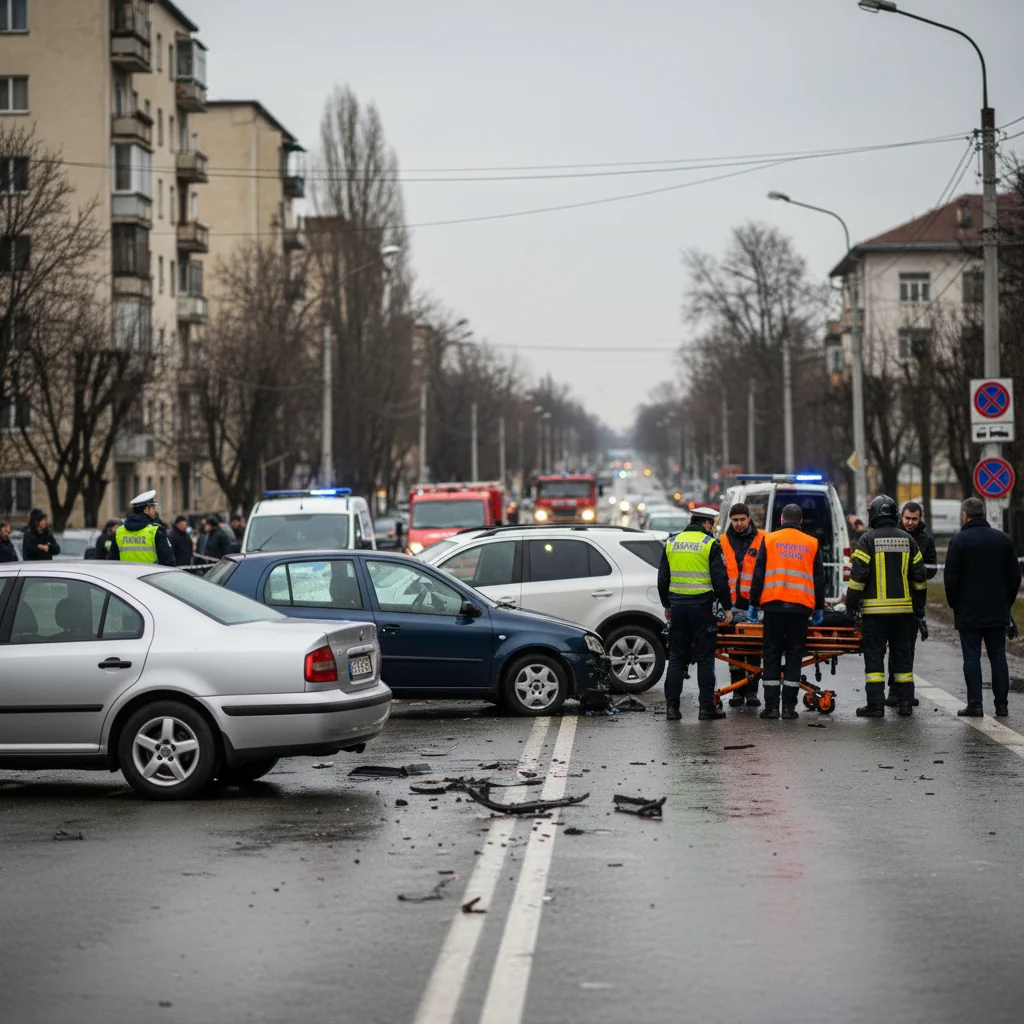 Trei șoferi răniți într-un accident cu mai multe mașini pe bulevardul General Nicolae Dăscălescu din Piatra-Neamț
