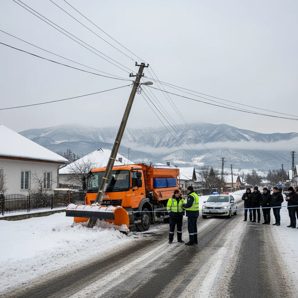 Utilaj de deszăpezire avariat după ce a lovit un stâlp de electricitate la Piatra-Neamț